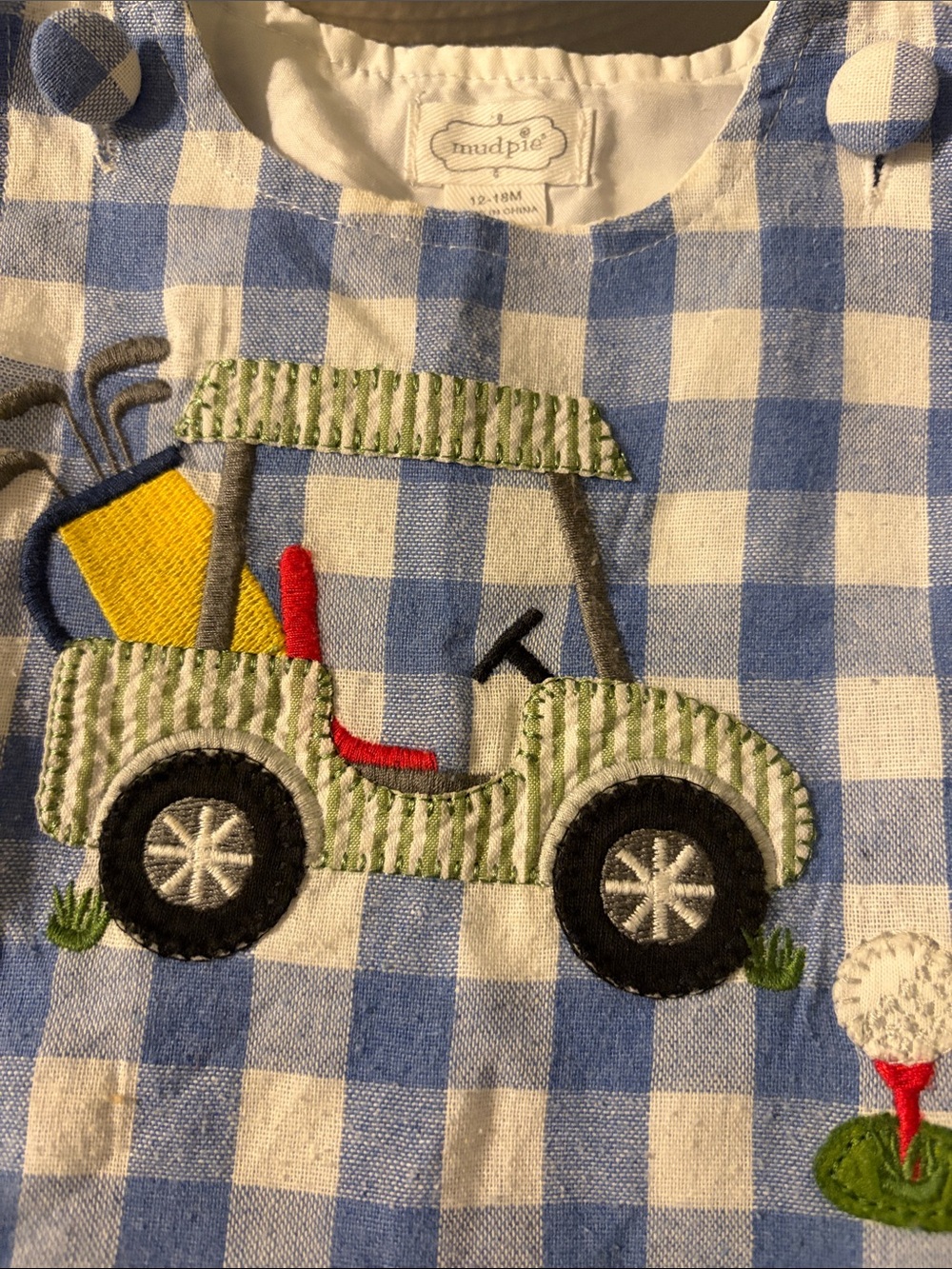 Mud Pie Boys Blue & White Checked Golf Cart Embroidered One-Piece Romper 12-18 - Picture 8 of 10
